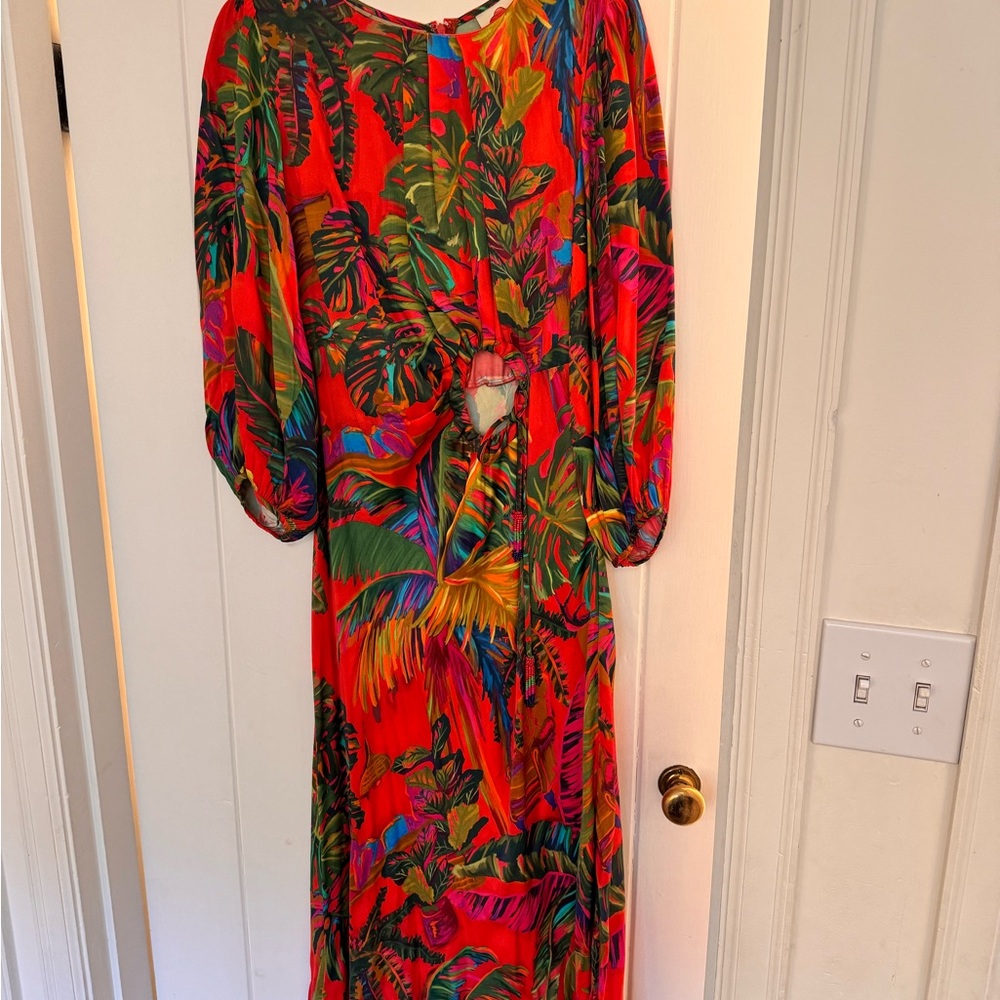 FARM Rio Vibrant Multicolor Dress with Cutout, Balloon Sleeves, and Beaded Tie